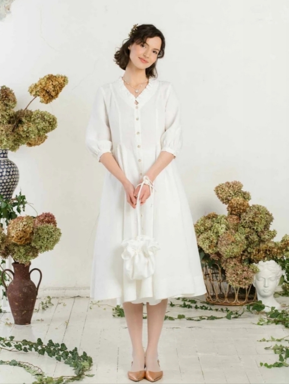 Women's White Linen Wedding Dress/Reception Dress Mid-calf Length